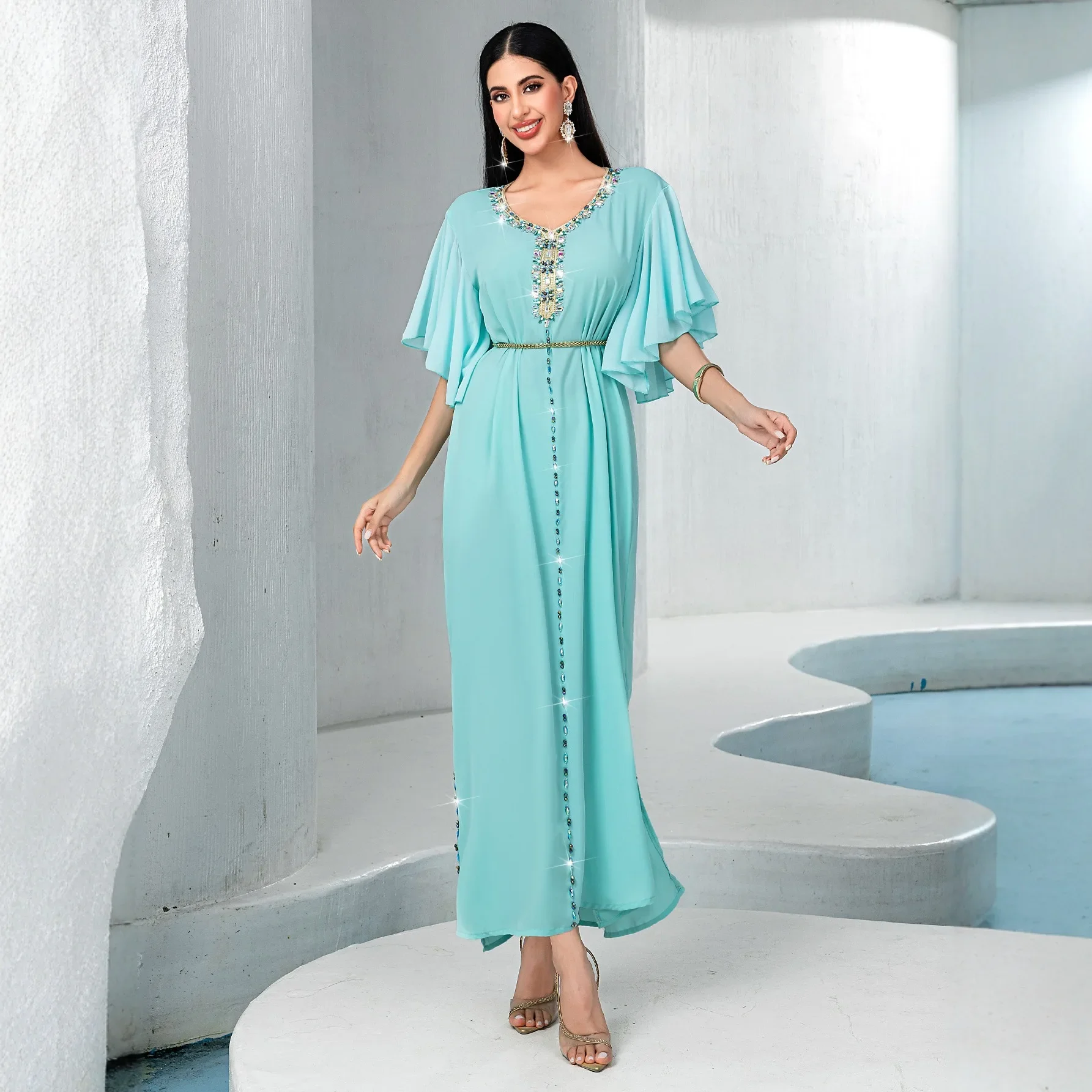 

Femme Musulmane Vestidos Diamonds Jalabiya Eid Djellaba Women Muslim Party Dress Evening Gown Dubai Abaya Turkey Kaftan Abayas