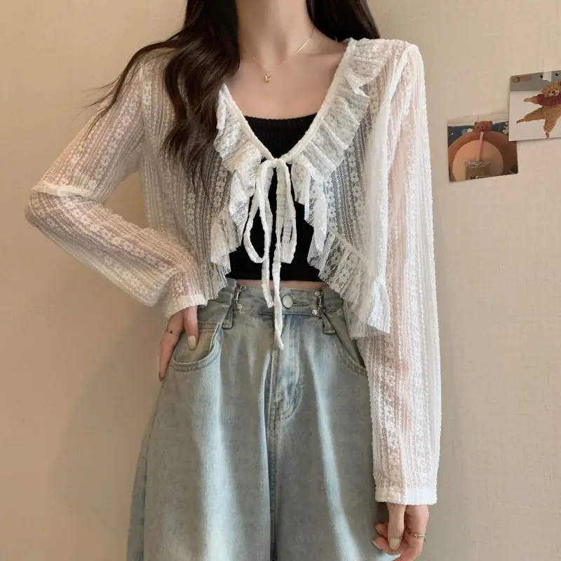 Summer Women Thin  Sunscreen Cardigan Lace-Up Knitwear Tops Ruffles Perspective Long Sleeve Coat Sun Protection Women Tops