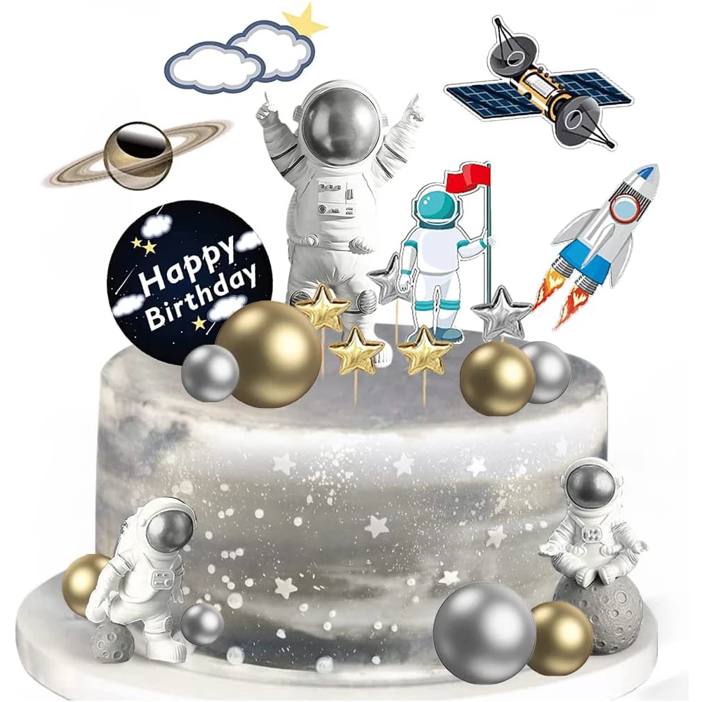 22 Pieces Astronaut Space Cake Toppers Outer Space Astronaut Figurines Planet Rocket Satellite Pearl Balls and Stars Kids Space