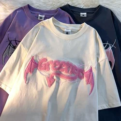 Dark Punk Bat Wings Embroidery Oversized T Shirt Couples Hip Hop Grunge Graphic T Shirts Harajuku Cotton Summer Loose Y2k Tops