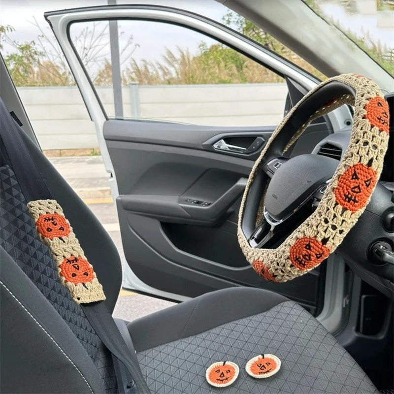 Hand‑Crochet Pumpkin Car Steering Wheel Cover, Handmade Festival Atmosphere Auto Interior Protective Sleeve