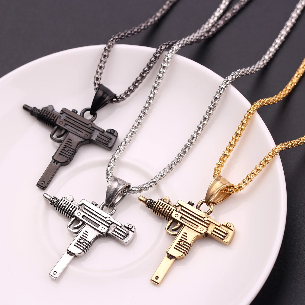 Personality Uzi Gun Shaped Pendant Necklace For Women Men Bar Party Accessory Gothic Male Punk Hip Hop Chain Jewelry