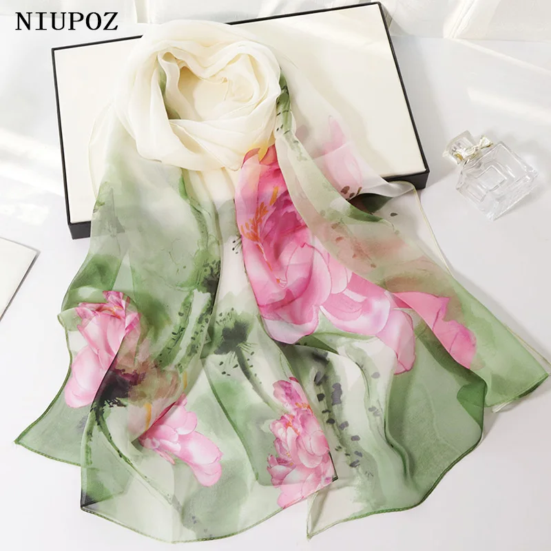 Ink Painting Lotus Summer Beach Sun Protection Chiffon Georgette Scarf Women Foulard Shawl Bandana Elegant Thin Breathable