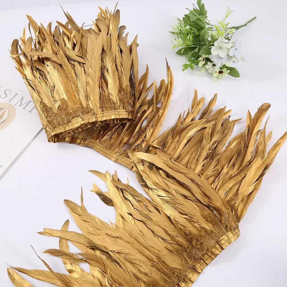 

2Meters Gold Goose Feather Rooster Feathers on Tape Fringe Trim Plumes DIY Sewing Trimmings Ribbon Artificial Decorations