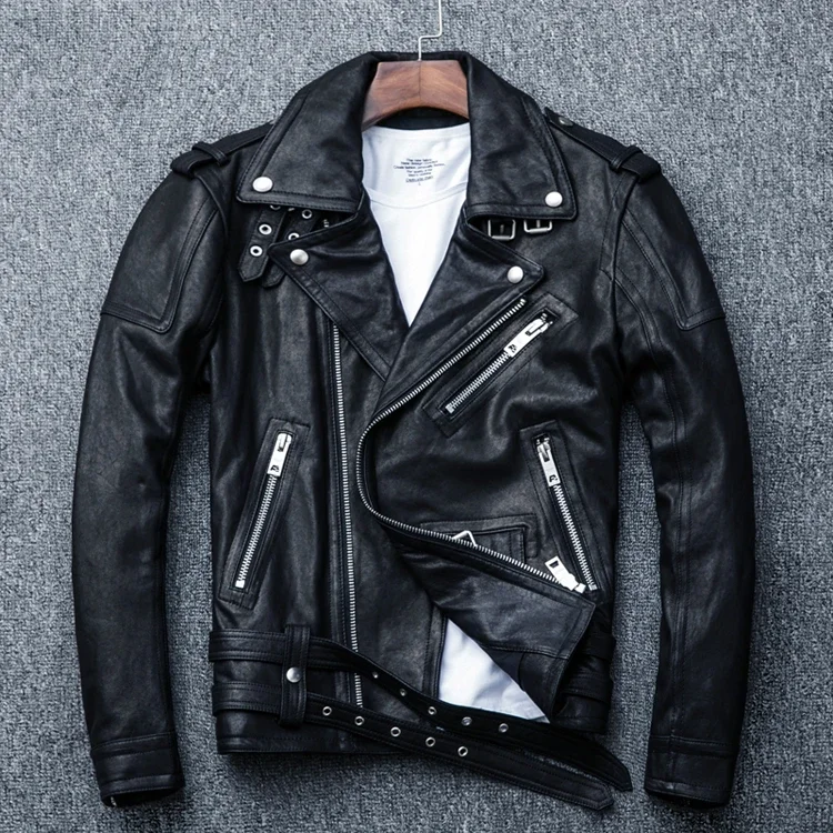 LNY!Wholesales.quality tanned sheepskin clothes.Brand classic motor biker leather jacket,mens short genuine leather coat,