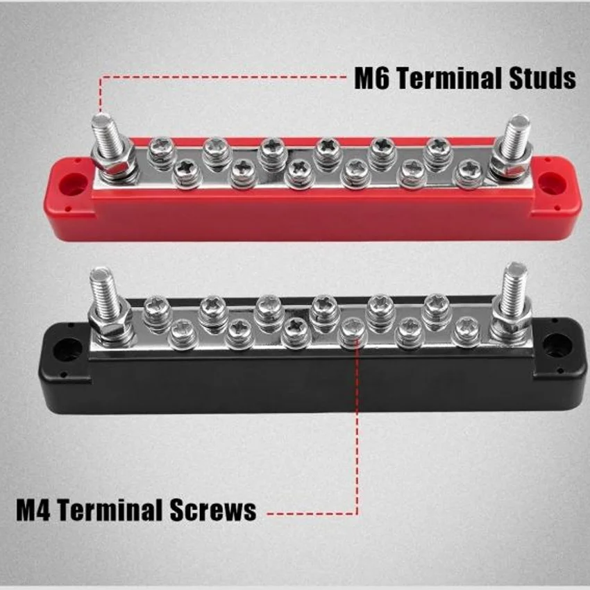 Power Distribution Block Bus Bar with Cover 2 X M6 Terminal Studs12 X M4 Terminal Screws 12V-48V 12 Way Bus Bar Terminal Block