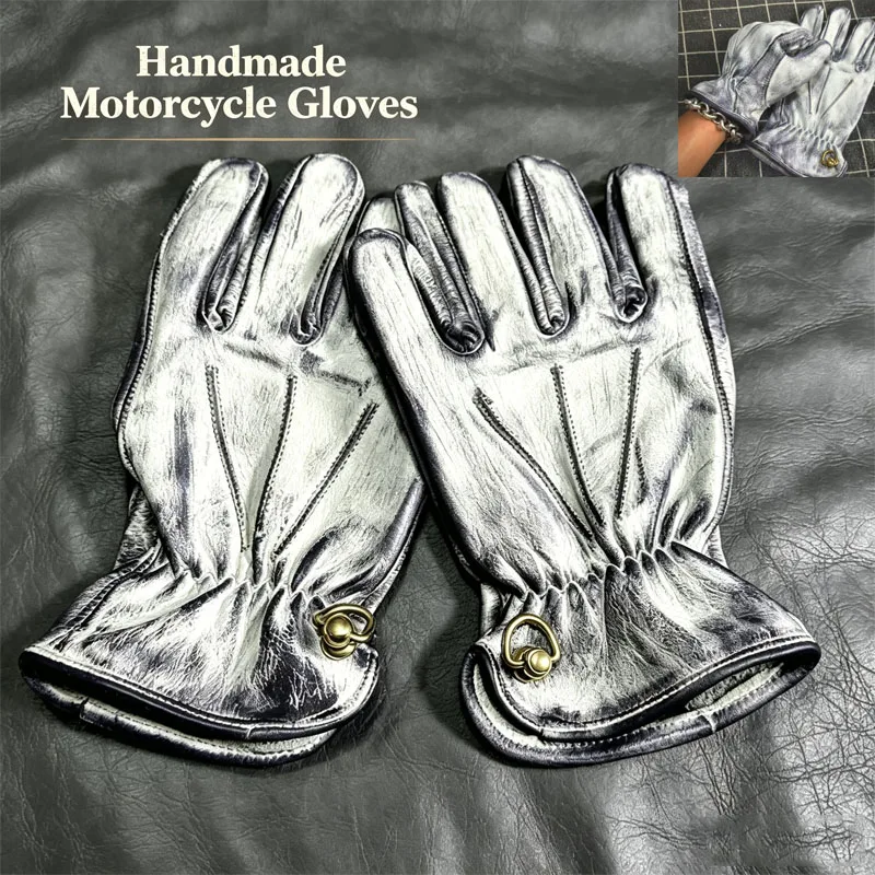 Retro White Distressed Leather Gloves Handmade Classic Vintage Style Motorcycle Riding Gloves for Bikers