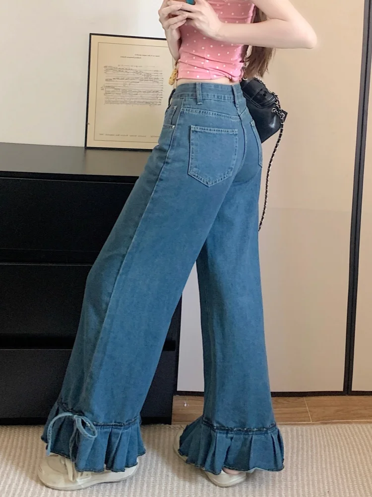 2026 Ropa Y2K New Fashion Ruffle Design Blue Baggy Women's Summer Jeans Pants For Woman Clothing Straight Casual Denim Trousers