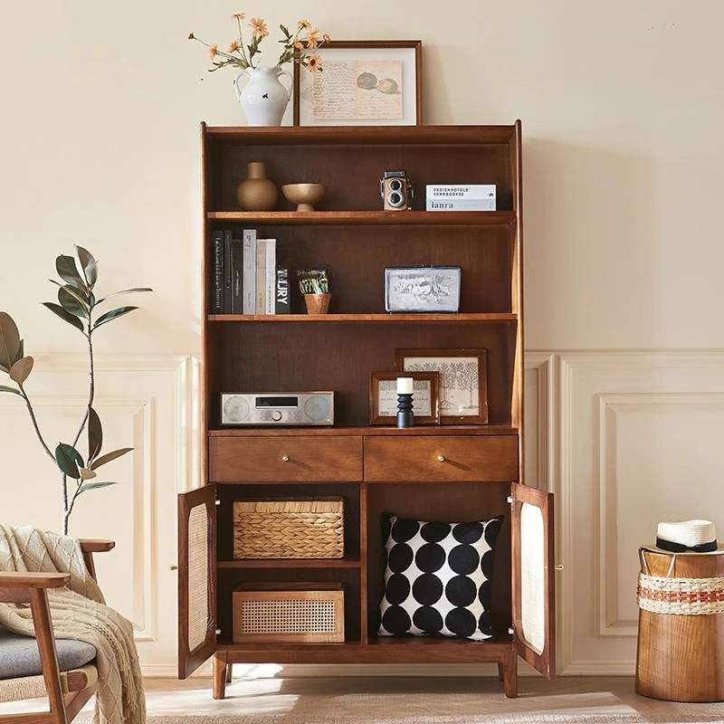 

Nordic solid wood bookcase small apartment home floor-to-ceiling Japanese-style retro locker wall shelf