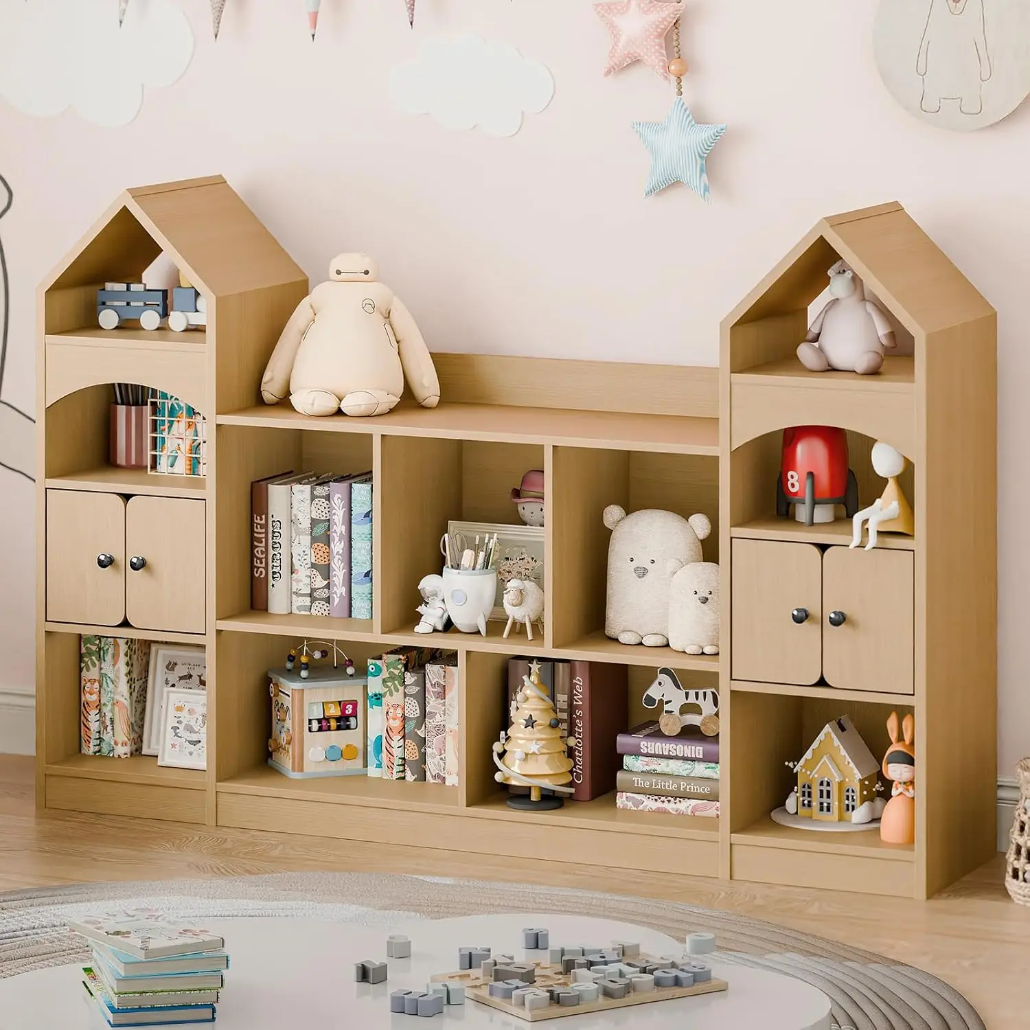 Castle Shape Children's Bookshelf, Kids Toy Storage Organizer Kids Bookcase Display Case Multifunctional Storage Cabinet Bookshe