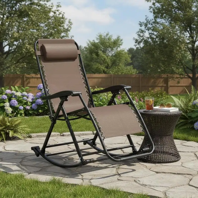 Outdoor Rocking Chairs, Foldable Reclining Zero Gravity Lounge Rocker with Pillow, Cup & Phone Holder, Combo Design with Folding Legs, Brown
