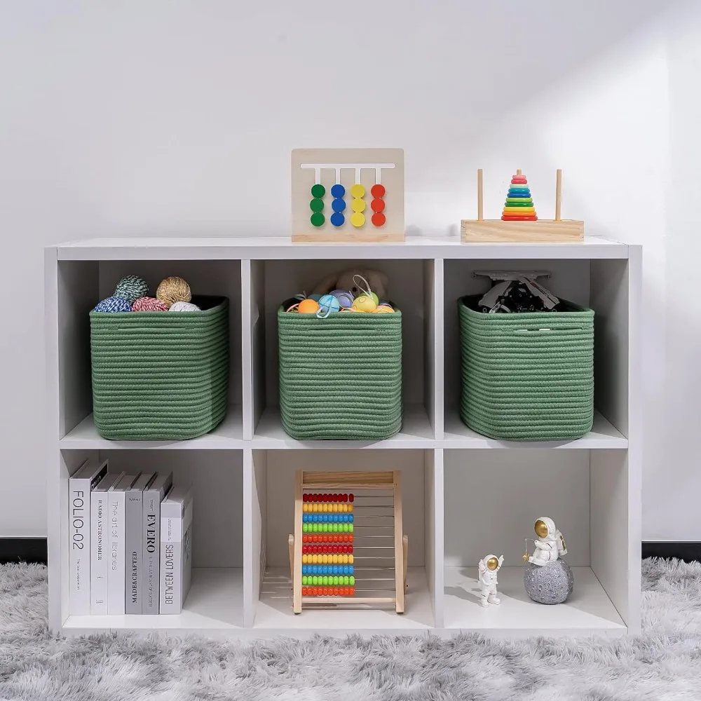 Kriitools Green 3 Pack Shelf Cube Storage Organizer Bins,Decorative Closet Storage Basket ,Skin-friendly Rope Basket Shelves