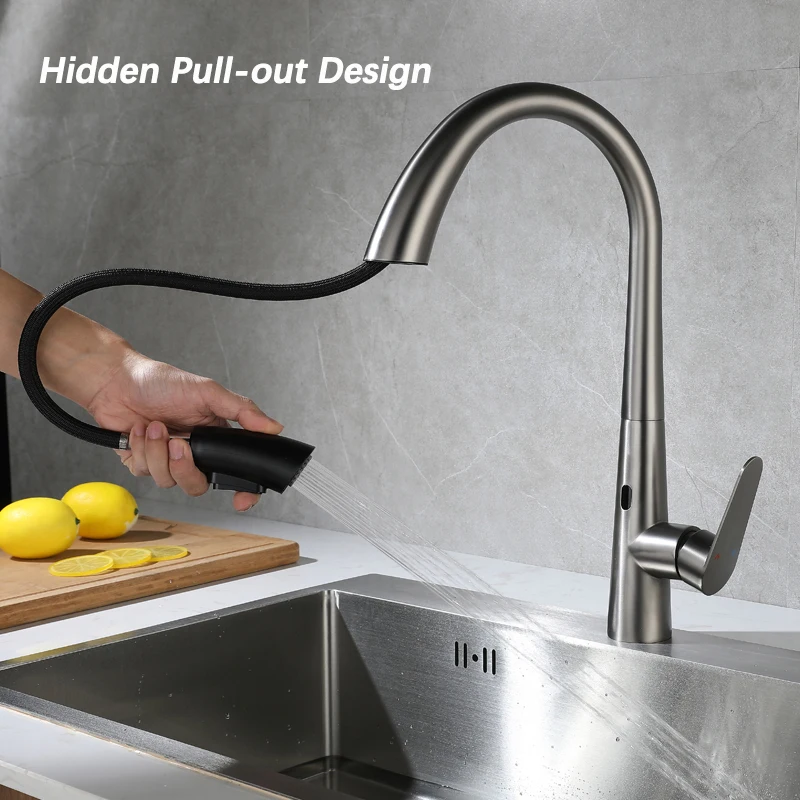 Black/Brushed Nickel Smart Sensor Kitchen Faucet 304 Stainless Steel Pull Out Mixer Tap Infrared Induction Kitchen Sink Faucet