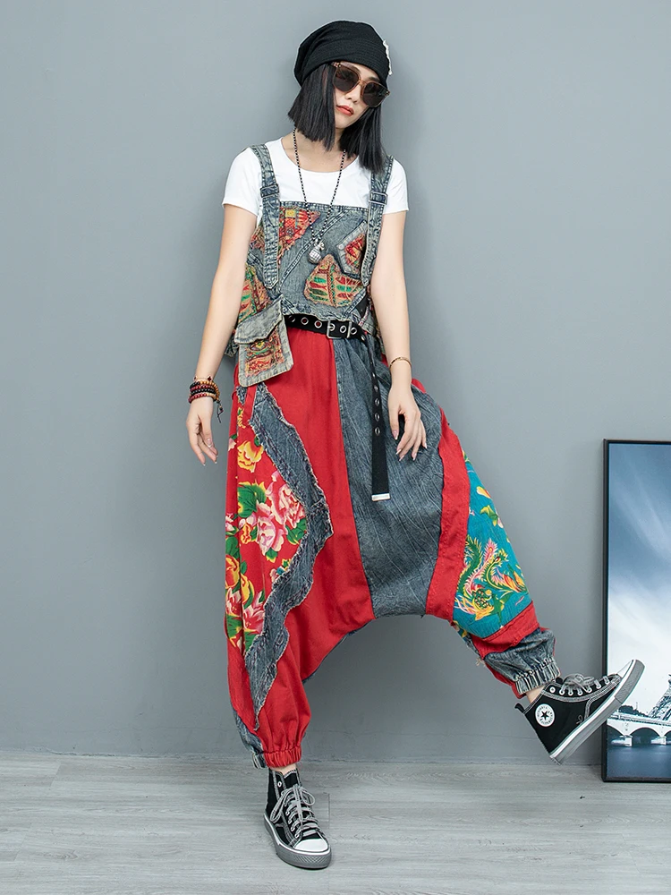 Niche Printed Patchwork Denim Vest + Contrasting Color Hanging Crotch Pants Two-piece Set Women 2024 Early Autumn ZF024