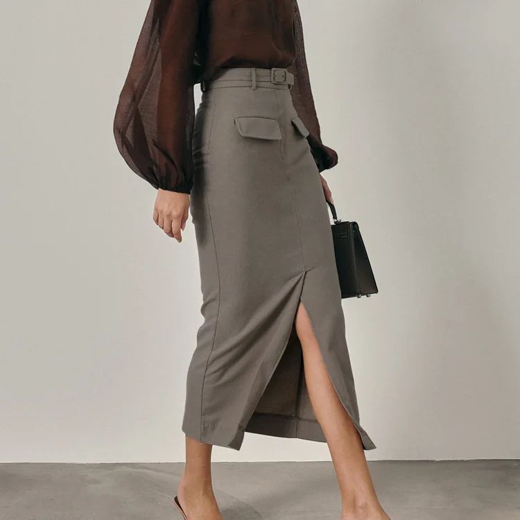 2026 Fashion Khaki Slim Skirts For Women Elegant High Waisted Zipper Solid Skirts Casual Pocket Straight Mid-Calf Skirt Female