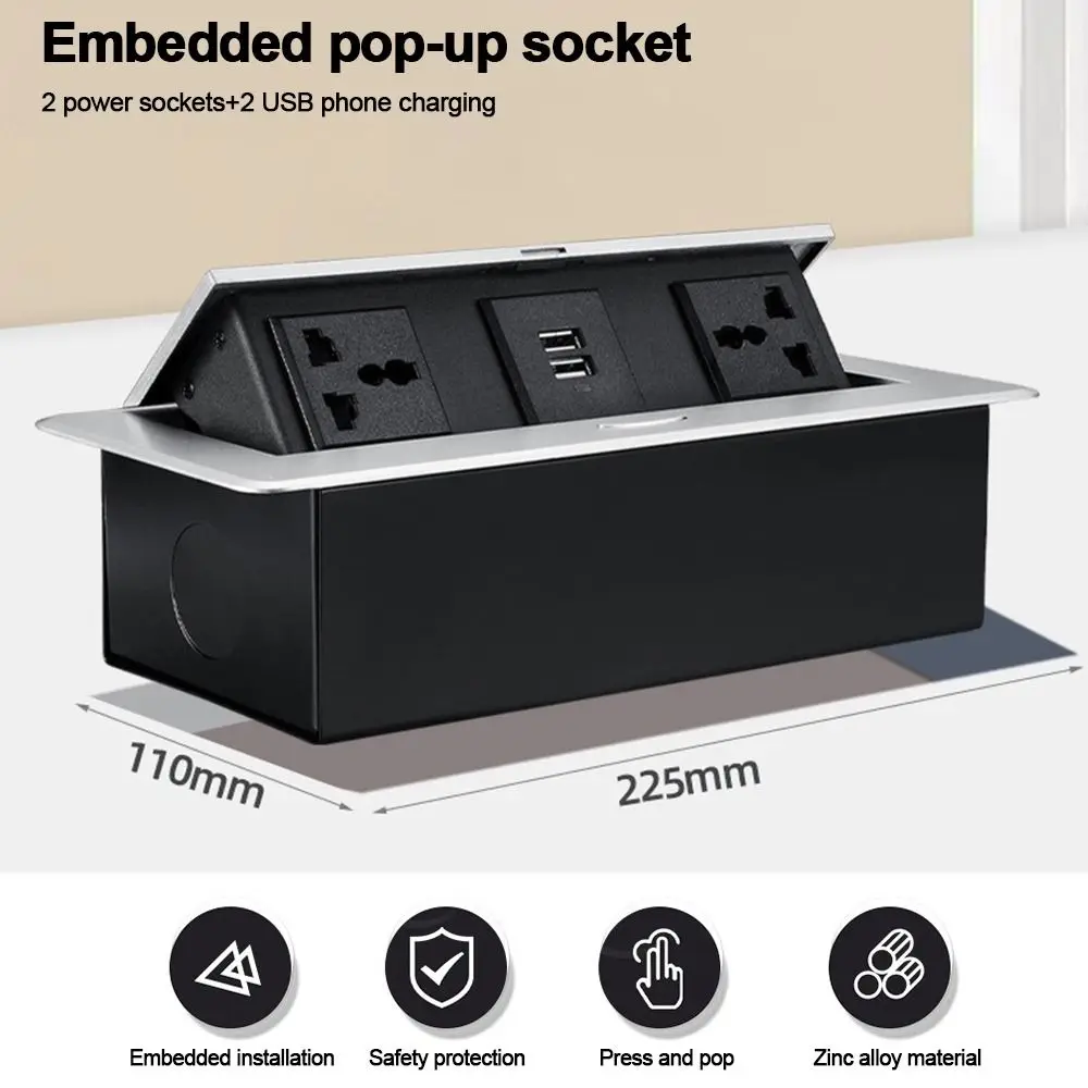 Metal Panel Table Top Recess Outlet Embedded Flipper Cover Bounce Multi-Functional with 2 USB Port Desktop Plug-In Adapter