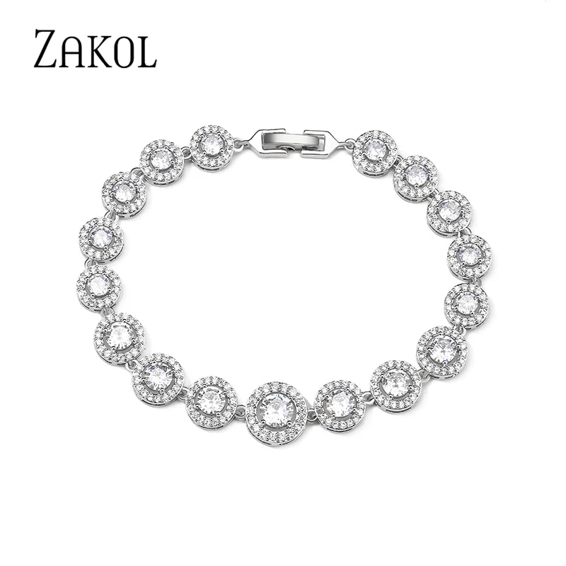 ZAKOL Luxury Water Drop Bracelets for Women Classic Round Cubic Zircon White Gold Color Bangle Flower Wedding Party Jewelry