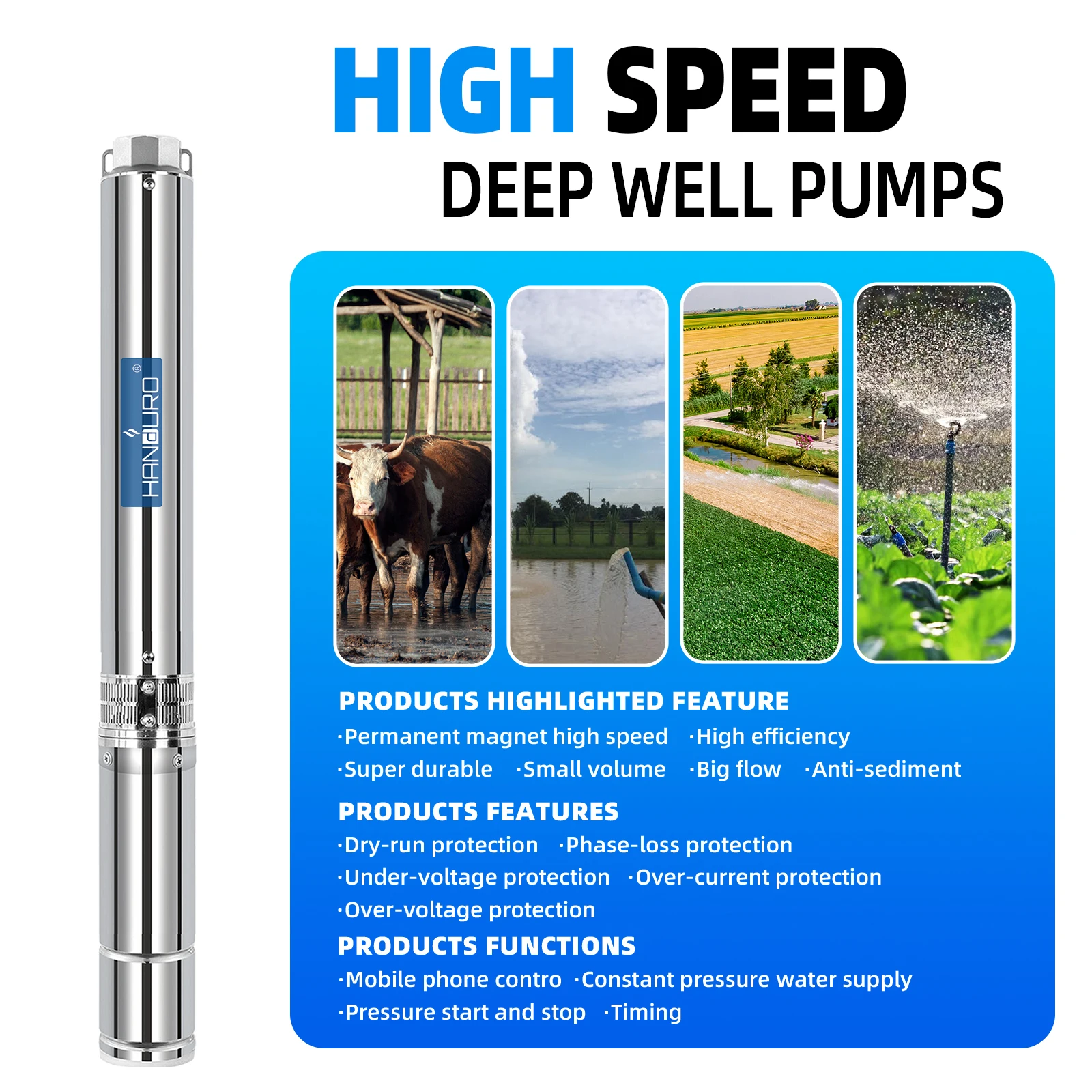 High Speed 6000R/Min 380V 3 Phase 13Kw 17.5Hp Solar Deep Well Submersible Water Pump