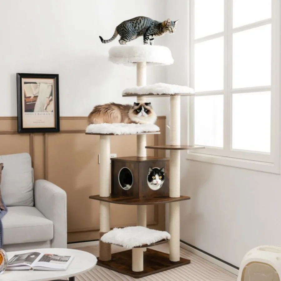 

7Layer Wooden Cat Tree Tall Cat Tower with Sisal Posts and Condo