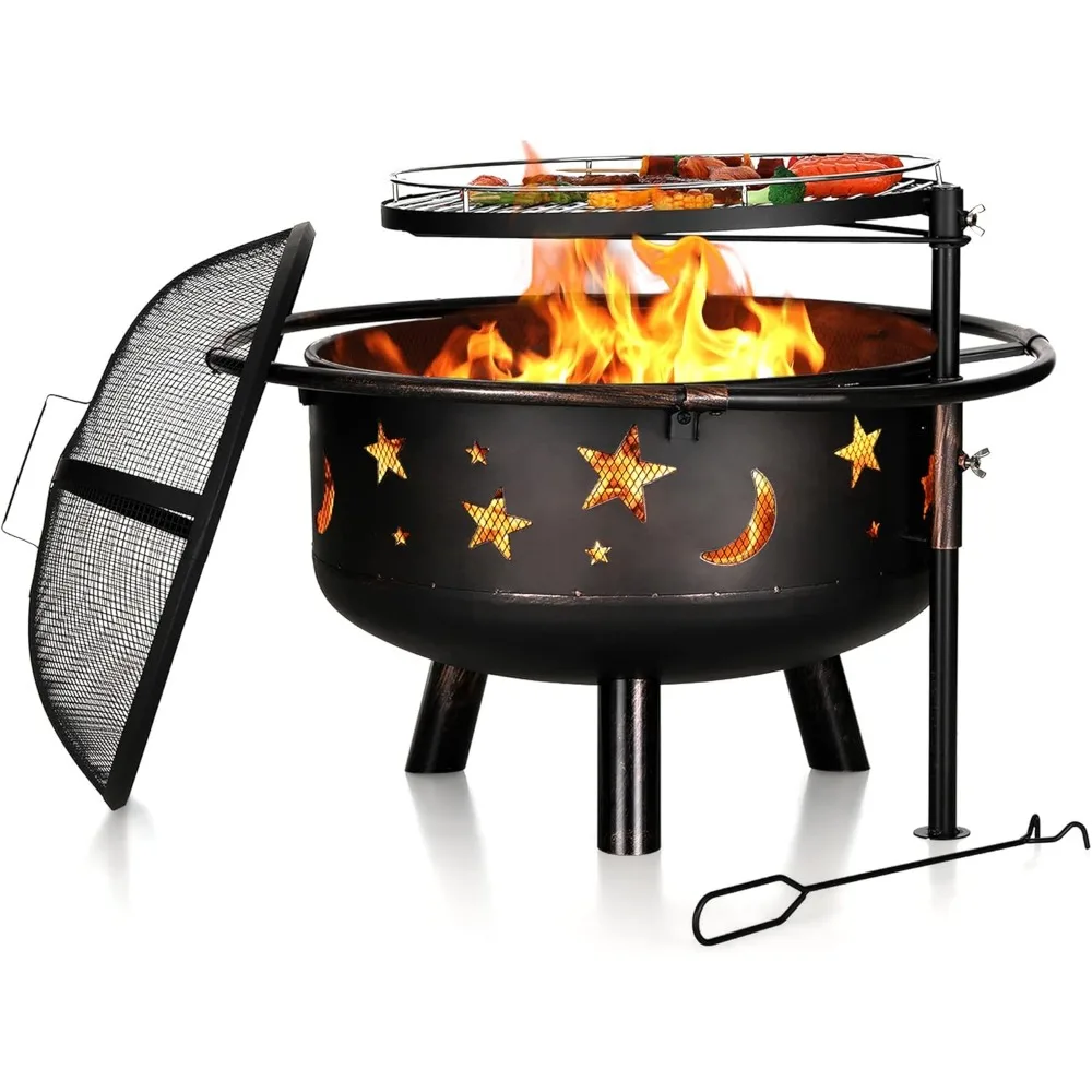 

Fire Pit for Outside, 30 Inch Fire Pits with Grill, Outdoor Fire pits with Star & Moon Cutouts Pattern, Bonfire Wood Burning Ro