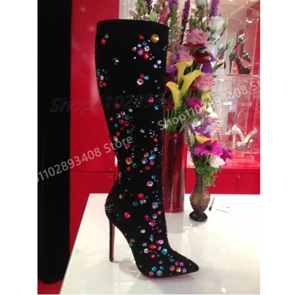 

Colorful Crystals Decor Knee High Boots Runway Style Pointed Toe Stiletto High Heel Fashion Sexy Women Shoes 2025 Para Mujere