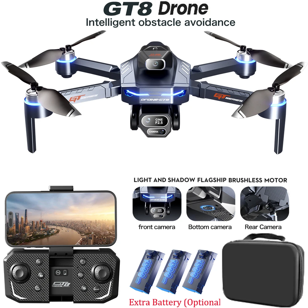 GT8 Drone 2.4G Optical Flow Front And Rear Three Camera Brushless Dron With Dual Lens WIFI 360° Obstacle Avoidance RC Quadcopter