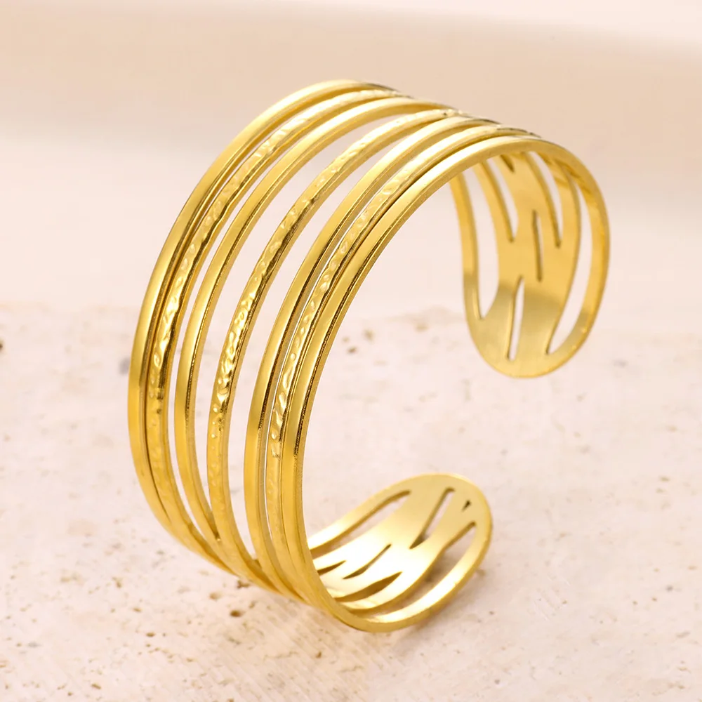 

Bohemian Layered Hollow Out Cuff Bangle For Woman Stainless Steel Big Female Jewelry Bracelets & Bangles Party Birthday Gift