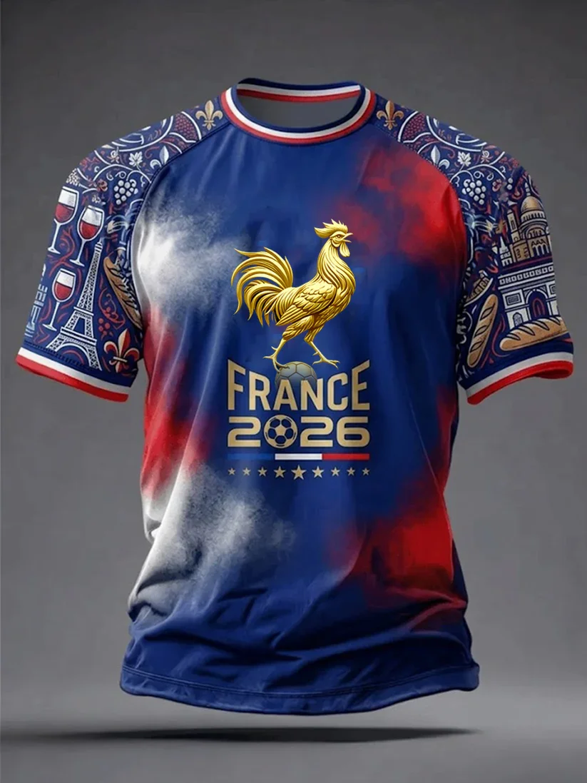France 2026 New Design Golden Rooster Football T-shirt - 3D Printed Vintage French Landmark Print Sports Shirt