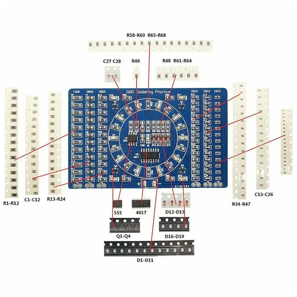 Placa de circuito smd para prática de solda, componentes eletrônicos smt, kit pcb diy, ferramentas de projeto básico para kit de solda