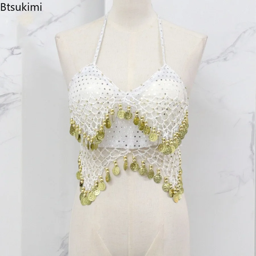 Damski krótki top do tańca brzucha z koralikami, wyraźnymi frędzlami, biustonosz bez pleców, krótki top do tańca sportowego, niezdejmowane wkładki, karnawałowe damskie topy biustonoszowe.