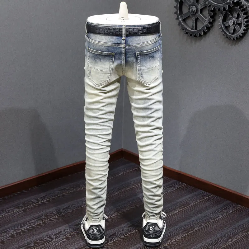 Y2K designer fashion new men's jeans patch damaged washed nostalgic elastic slim fit ancient light blue jeans high street hip-ho