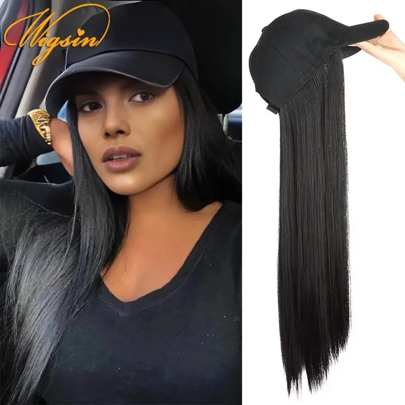 WIGSIN 24Inch Long Straight Synthetic Wig Baseball Cap Hair Extensions Hat Wigs Black Brown Adjustable Hairpiece for Women