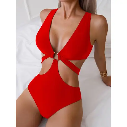 Cikini bañador de una pieza para mujer, traje de baño con diseño ahuecado y decoraciones circulares, Color sólido, Verano