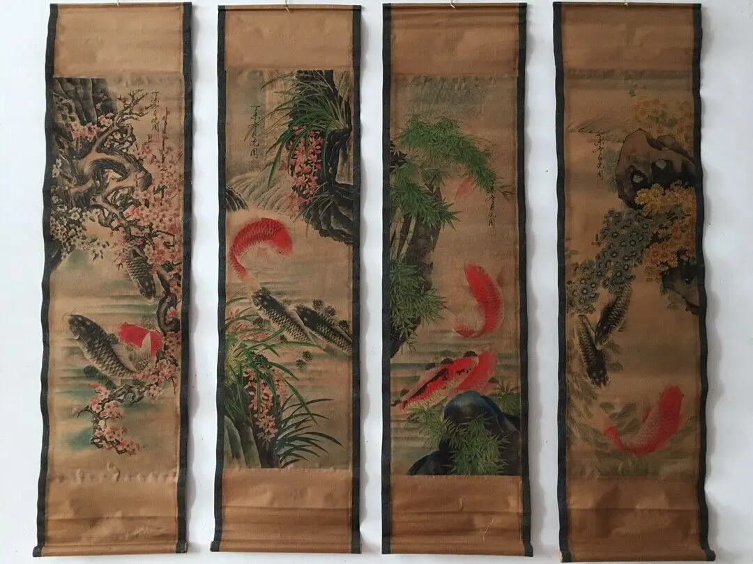 

China scroll painting Quadruple mural paintings hanging painting Goldfish