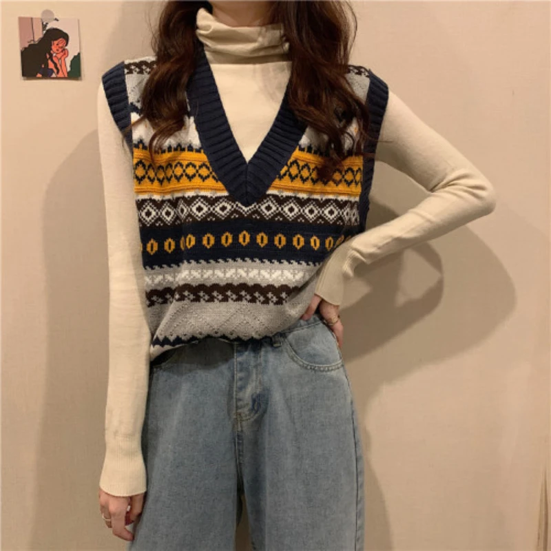 2022 Vintage Printed Sweater Vest Sleeveless Casual Outerwear Knitted Waistcoat Y2K Spring Autumn Girl Sweet Kawaii Pullover Top