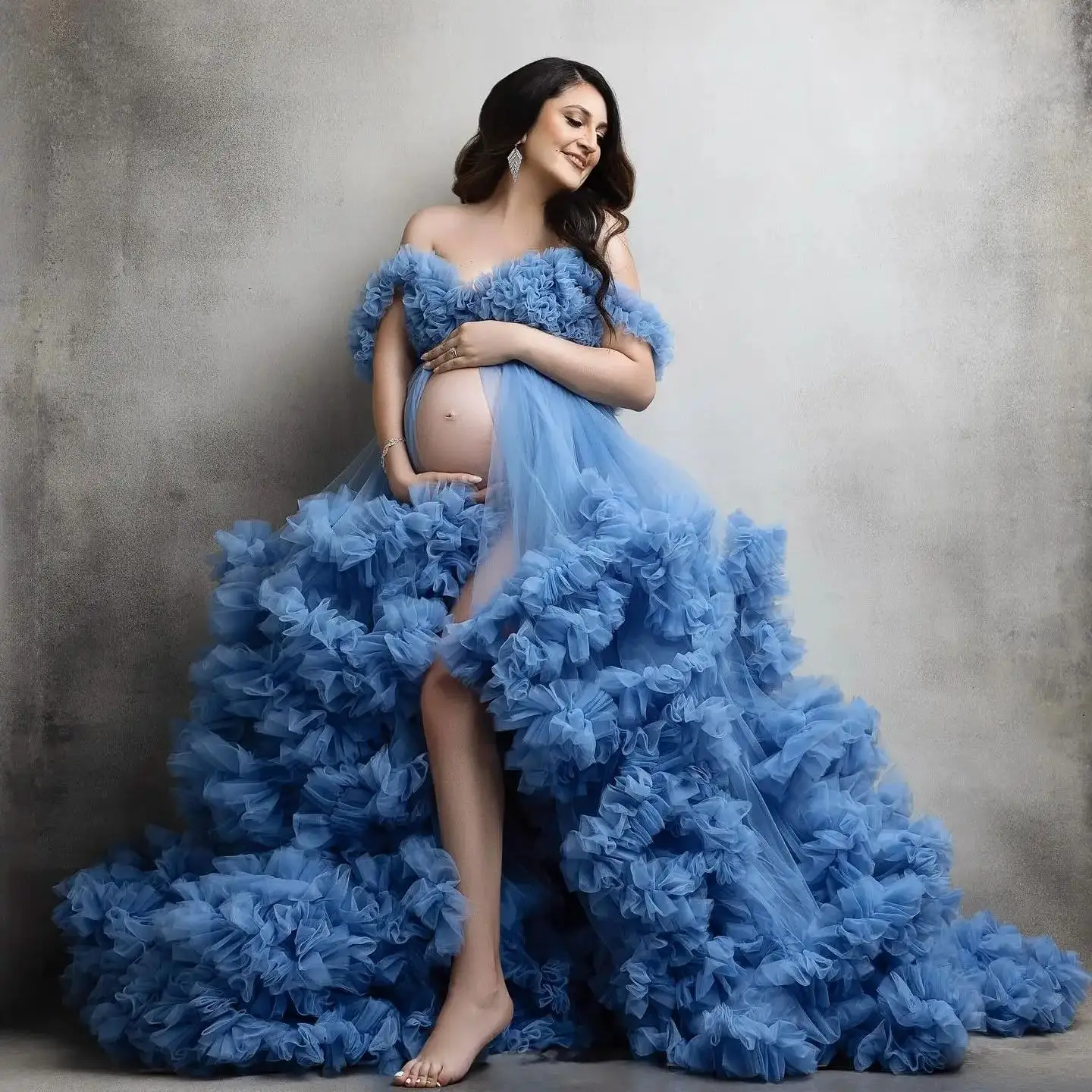 

Fashion Blue Prom Dresses Tulle Ruffled Baby Shower Gowns Hand Made vestidos de festa Tiered Fluffy Maternity Dress