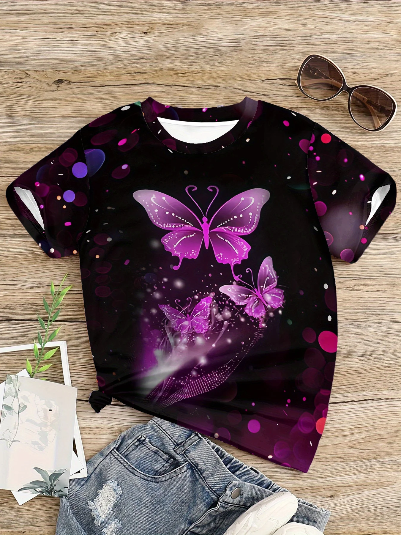 Kids Crew Neck T-Shirt, All Over Black Bokeh Print, Glowing Purple Butterflies Girls Fashion Short Sleeve Tee