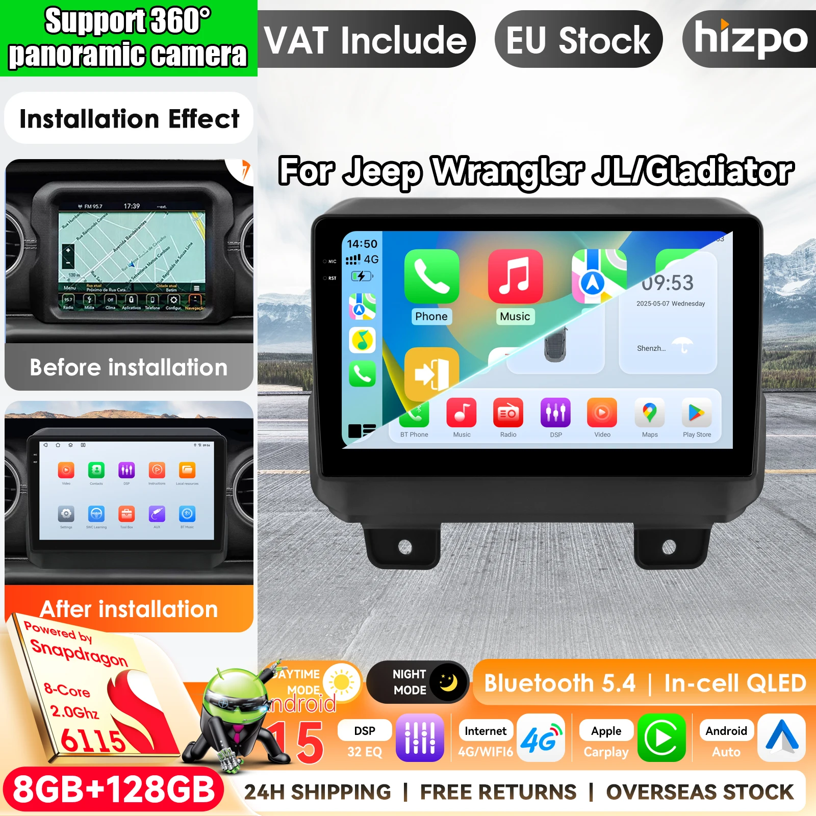 Hizpo 9" Kabelloses CarPlay Android Auto Autoradio für JEEP Wrangler JL Gladiator JT 2018-2023 Multimedia Kabelloses Apple CarPlay Intelligente Systeme IPS Touchscreen Stereo-Videoplayer 2 Din
