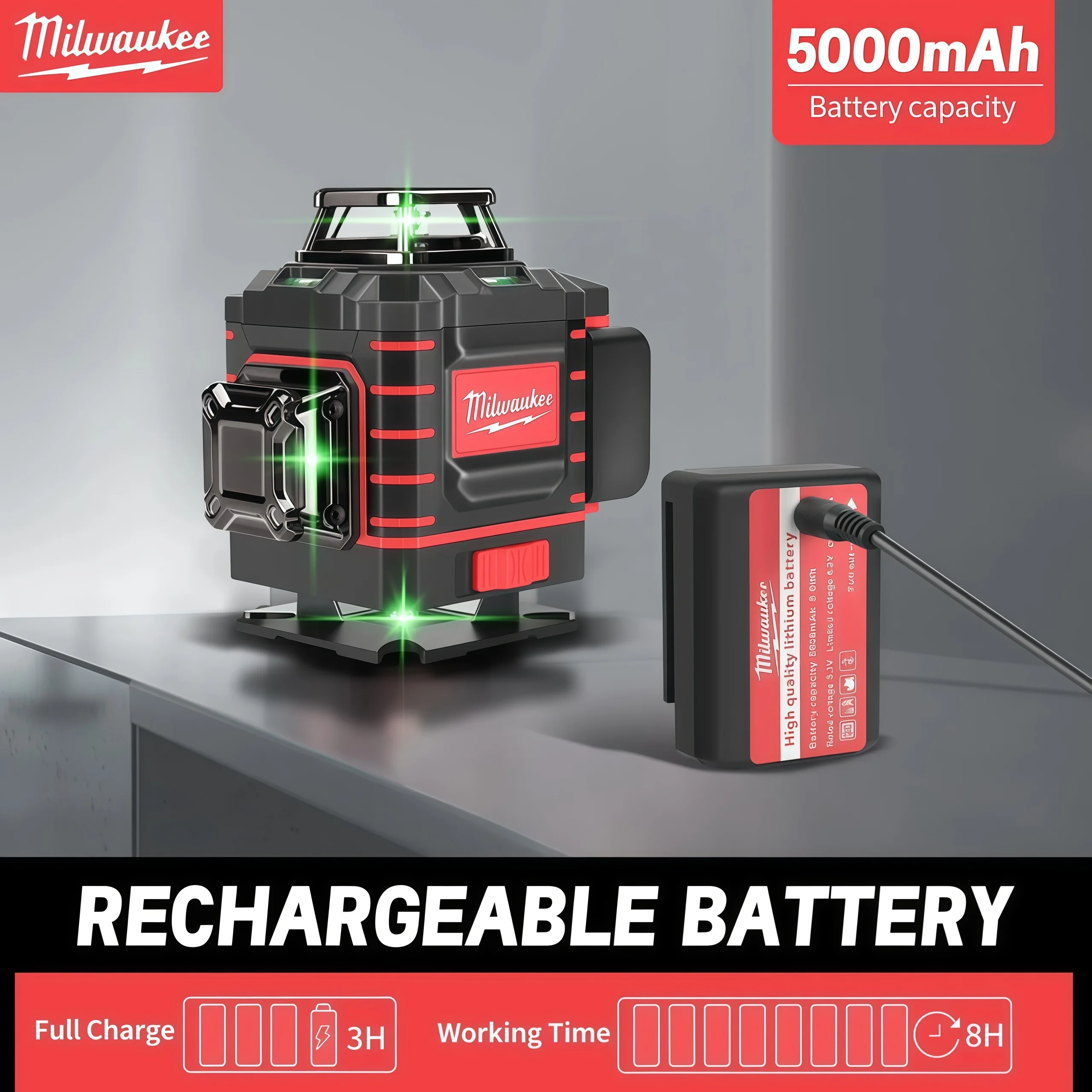 

Milwaukee 360 Degree Vertical Cross Laser Level Green Beam with Horizontal & Vertical 18V Battery Green Laser Level Tools