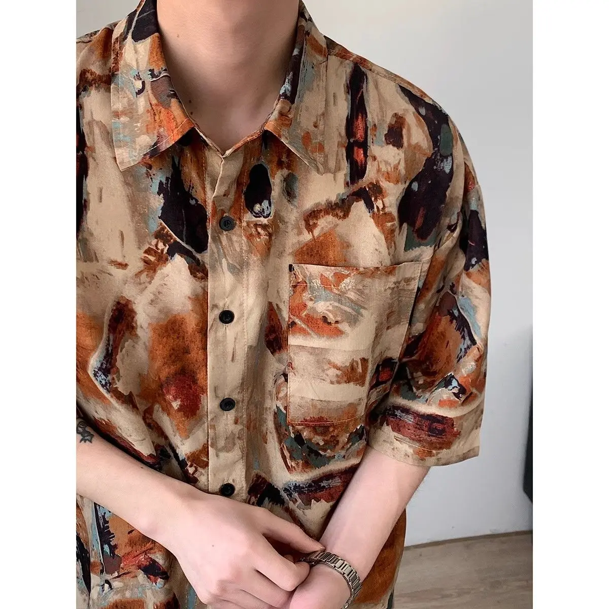 Retro flower short-sleeved shirt men's summer thin American trendy brand handsome loose casual three-quarter sleeve shirt tops