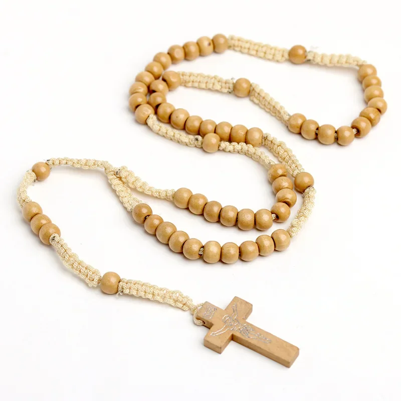 Collar de Rosario de cuentas de madera católica para mujer, crucifijo, Cruz, colgante INRI, cadena de cuerda trenzada a mano, joyería de oración religiosa para hombres