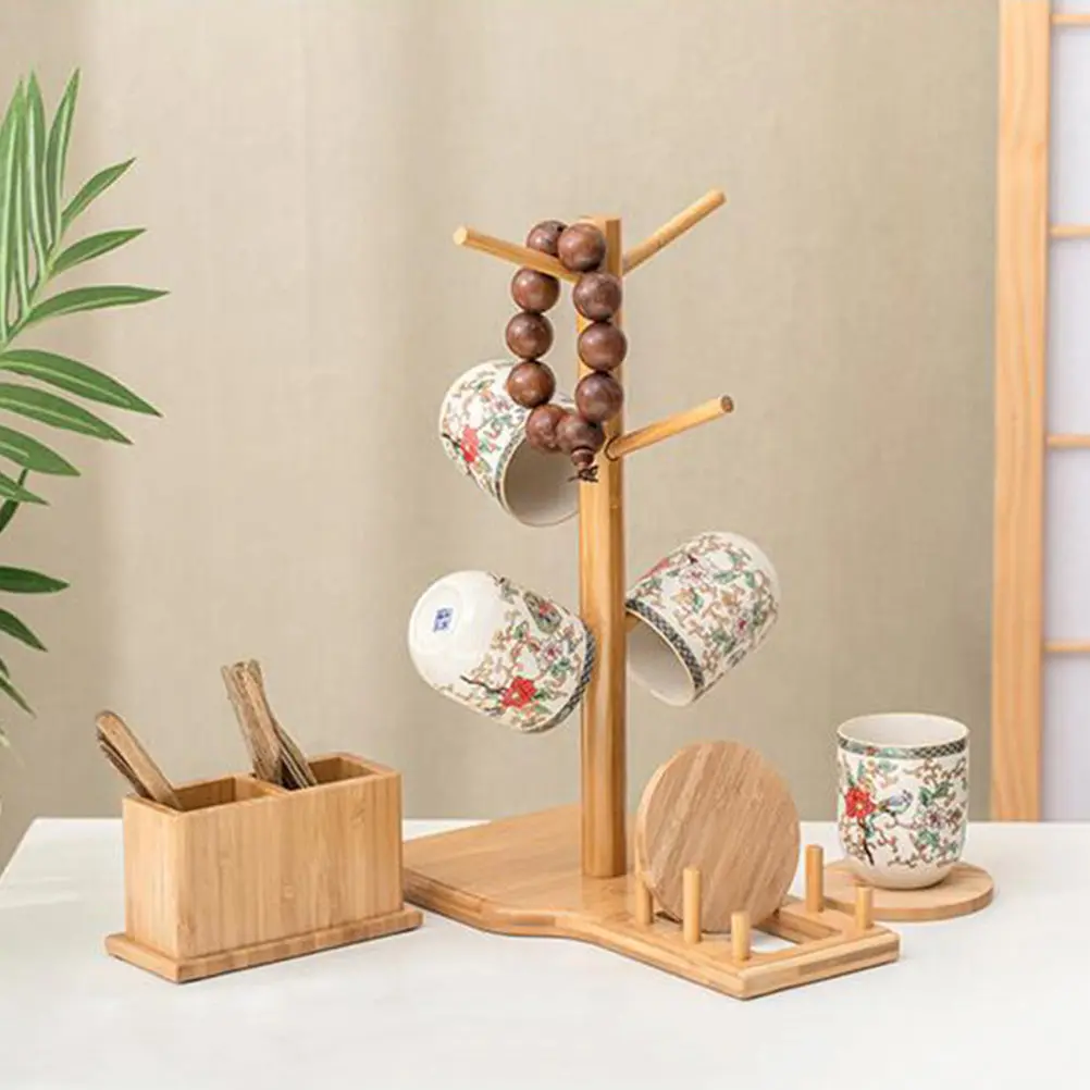 

Elegant Bamboo Cup Storage Rack Set Hanging Wine Glass Holder Spoon Box Compact 6 Cup Display Stand for Home Office Hotel