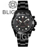 BLIGER 2015 New Luxury Fashion B25FXD VK64 Chronograph Quarzt Dive Watch For Men Full Black PVD Case Sapphire Glass Waterproof