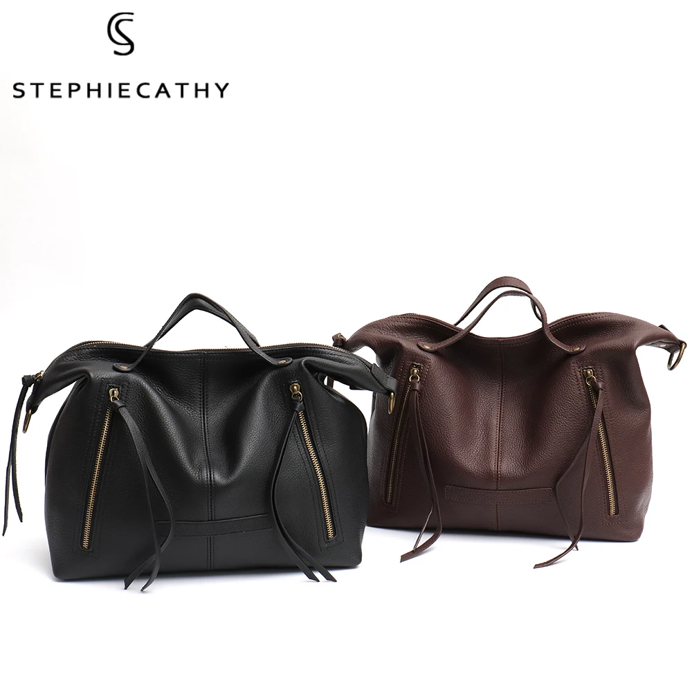 SC Luxury Vintage Genuine Leather Women Shoulder Bags Soft Cowhide Handbags Zip Pockets Female Retro Casual Large Shoulder Purse