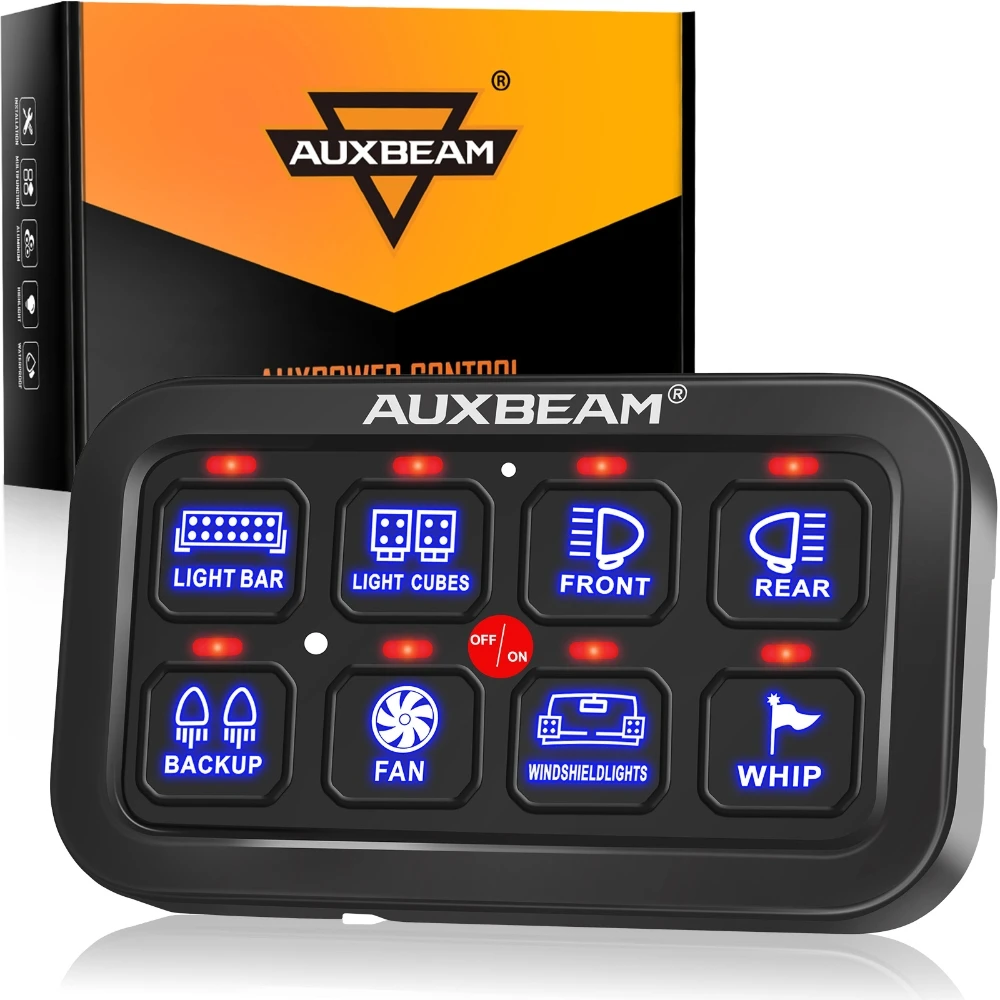 AUXBEAM BB80 8 Gangs Universal LED Light On-Off Switch Panel 12-24V 600W/1200W Lights Electric Relay Power Control System