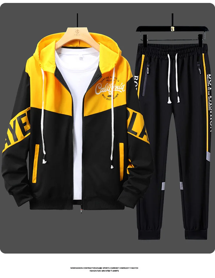 Vielseitiger, trendiger zweiteiliger Trainingsanzug für Herren mit Kapuze, lockerer Passform, langärmligem Sweatshirt, Jogginghose mit Kordelzug, Schuluniform, Alltagskleidung – Detail 9