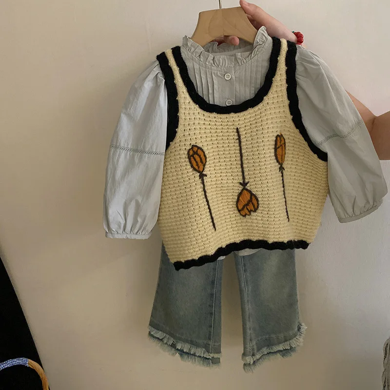 Sling Vest Shirt Pants Jeans Korean Girl Flowers Knitting 2024 Autumn New Temperament Fashion Tide Sweet Active