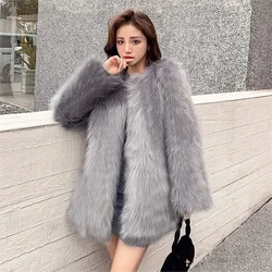 Thickened Autumn Winter Artificial Raccoon Fur Woven Eco-friendly Fur Coat Mid-length Women's Fashionable Imitation Fox Fur Coat