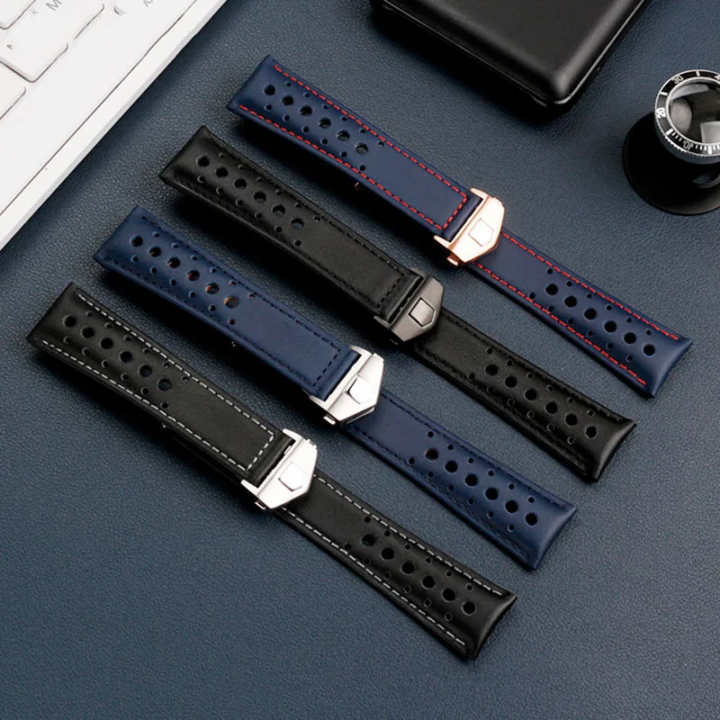 Genuine leather Watchband For TAG HEUER MONACO CARRER F1 Wrist Band 22mm black blue watches band with folding clasp  strap