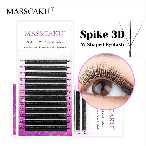 MASSCAKU 3D W extensión de pestañas de tres núcleos con triples puntas 8-15mm mezcla C D Curl W estilo pestañas postizas pestañas de visón Premium al por mayor